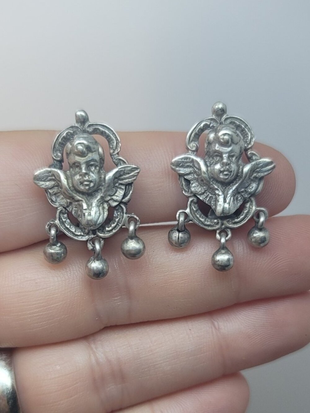 Antique Art Nouveau 800 Silver Cherub Earrings by Peruzzi Florence